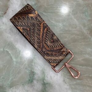 Brown and Gold Patterned leather handmade Keychain
